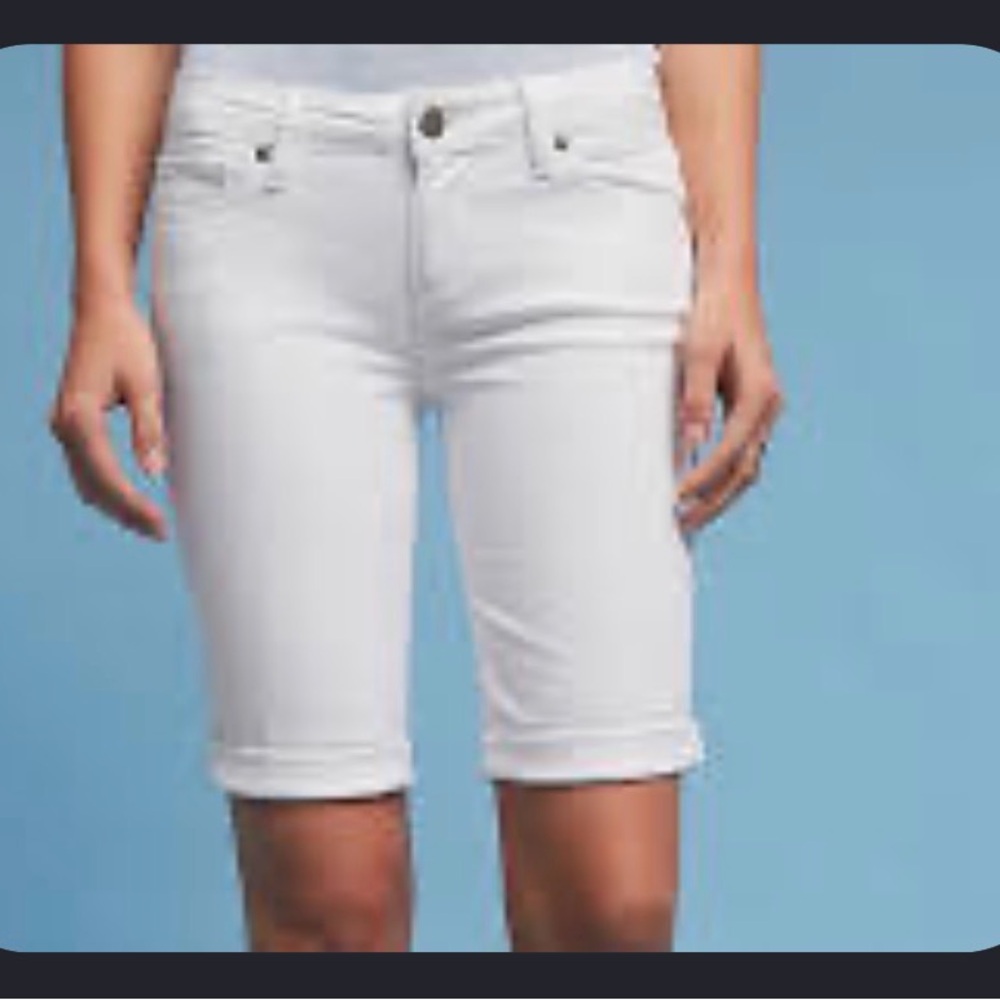 PAIGE JAX KNEE SHORT Mid Rise Short White Denim Distressed with Button Front